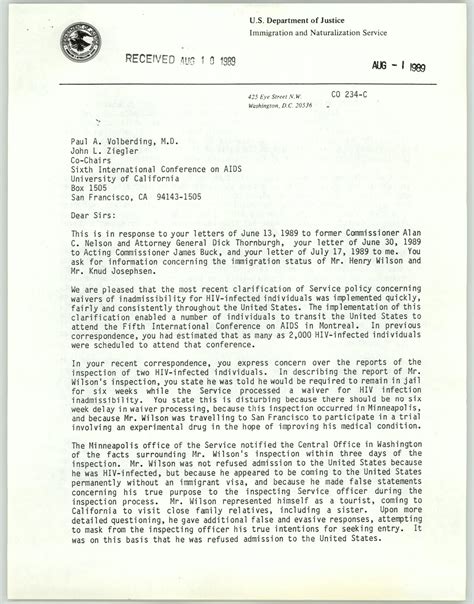 Fair sent a letter to the chancellor of st. [Letter: Immigration and Naturalization Service to Sixth International Conference on AIDS ...