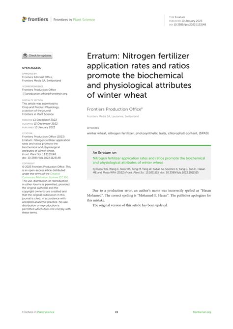 Pdf Erratum Nitrogen Fertilizer Application Rates And Ratios Promote