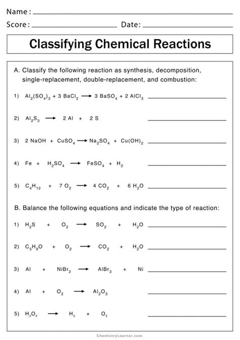 Teacher notes on next page. Types of Chemical Reactions Worksheets | Chemistry Learner