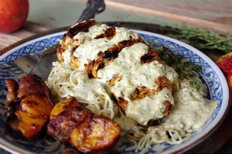 Grilled zucchini and chicken satay with tahini sauce. Cheese Stuffed Grilled Chicken with Cilantro Peach Sauce ...