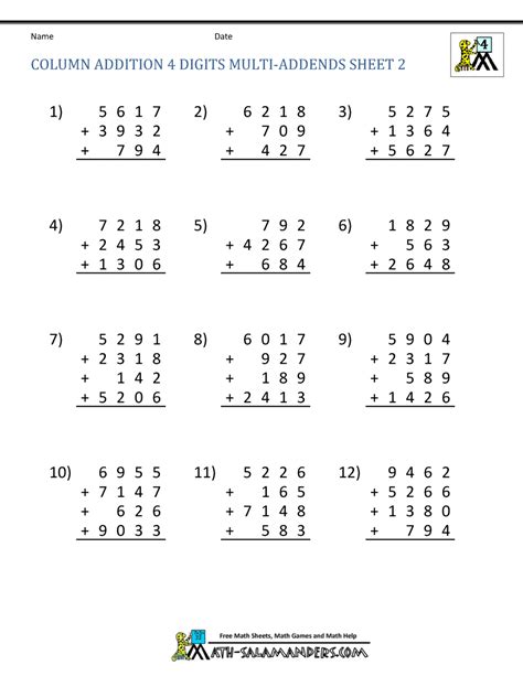 Adding Multi Digit Numbers 4th Grade Worksheets