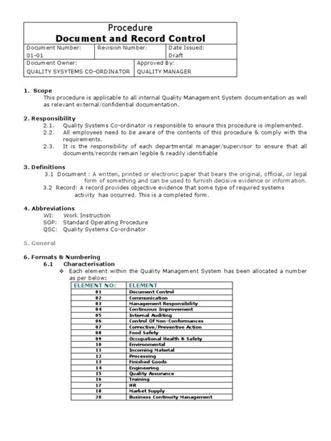 Document Control Procedure Quality Management System Specification