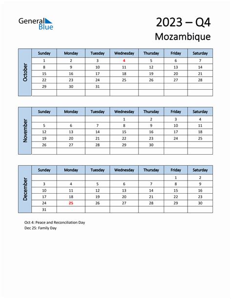 Free Q4 2023 Calendar For Mozambique Sunday Start