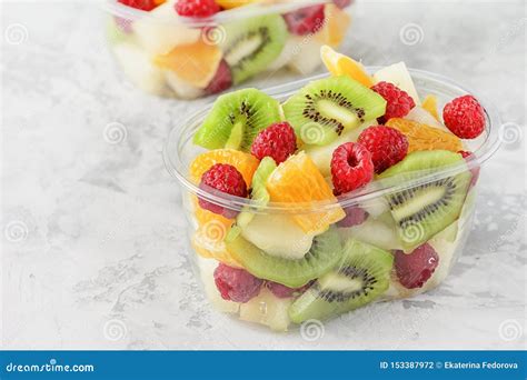 Fresh Sliced Tropical Fruits Berries In Container Stock Photo Image