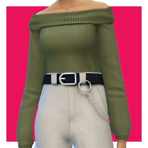 A Sim On A Pink Background Wearing An Off The Shoulder Green Sweater