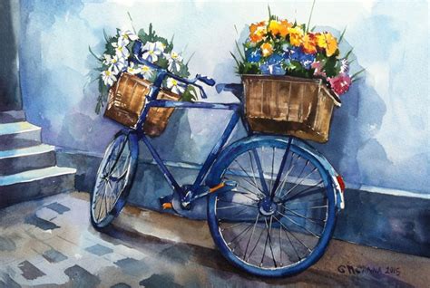 Watercolor painting bicycle drawing, drawing bicycle, bike under tree illustration transparent background png clipart. Bicycle with two flower baskets, cityscape, city vehicle ...