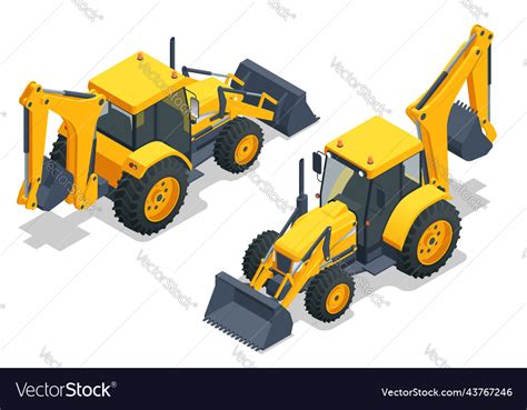 Isometric Yellow Tractor With Backhoe And Loader Vector Image