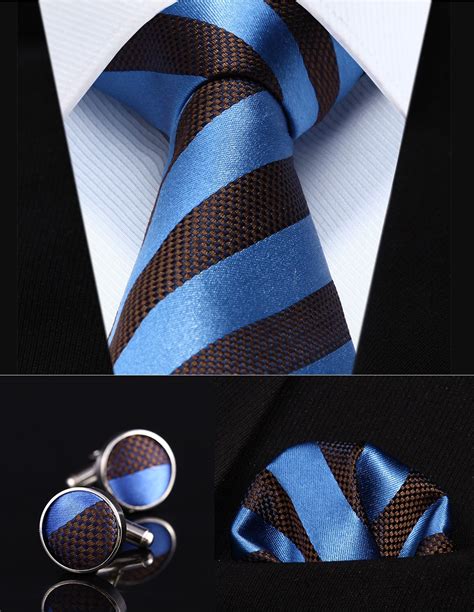 Tzs01b8 Blue Brown Striped 34 Silk Men Tie Necktie Handkerchief