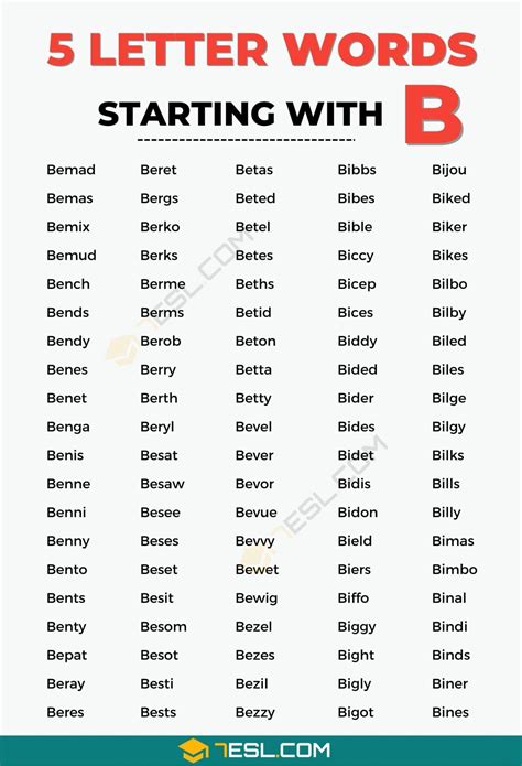 949 Common 5 Letter Words Starting with B in English • 7ESL