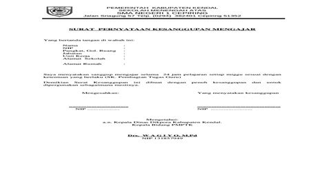 Surat pernyataan kesanggupan mengajar / solusinya adalah mengambil tugas tambahan yang diakui di dapodica, seperti wakil direktur, kepala laboratorium, dan pustakawan. Surat Pernyataan Kesanggupan Mengajar - DOC Document