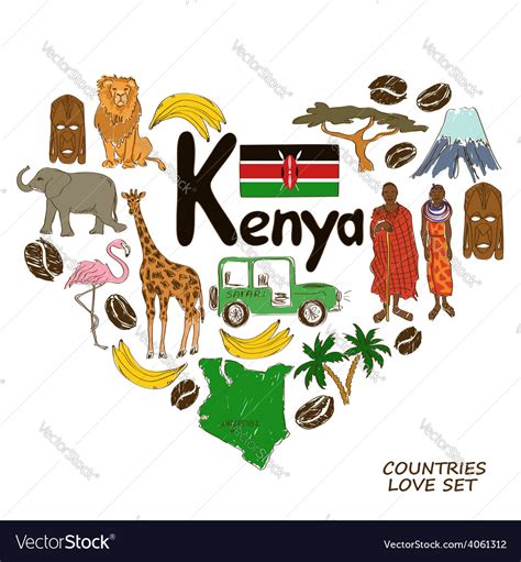 Kenyan symbols in heart shape concept Royalty Free Vector