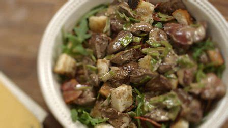 Spinach salad with warm bacon dressingingridstevens. Flambéed chicken liver salad - Saturday Kitchen ...