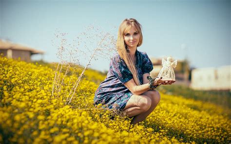 Blonde Girl Field Yellow Flowers Mood Wallpaper X