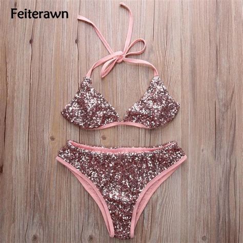 Feiterawn Push Up 2 Piece Swimsuit Halter Sequin Bikini Set Women Sexy