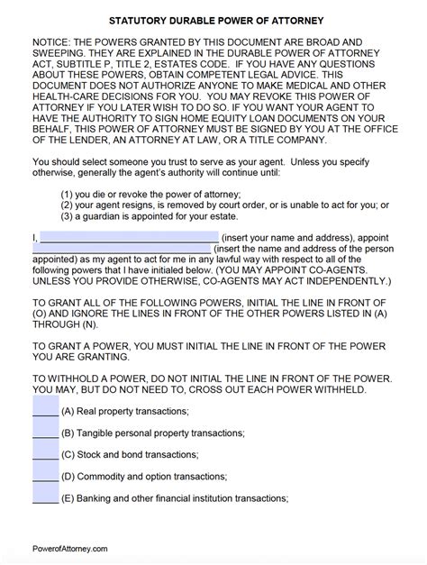 Free Durable Power Of Attorney Form Texas