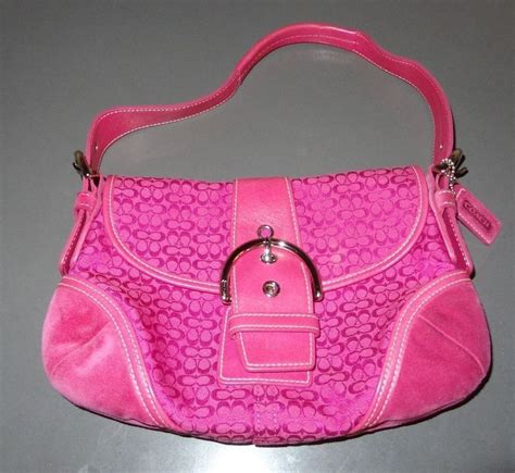 Coach Purse Hot Pink Leather Suede Signature Shoulder Purse Bag
