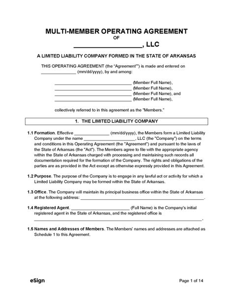 Free Arkansas Multi Member Llc Operating Agreement Form Pdf Word