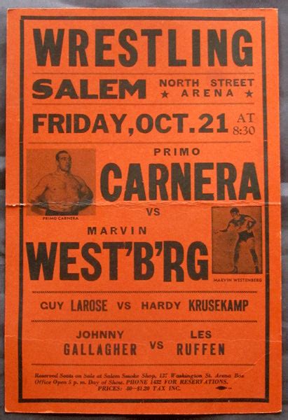 Carnera Primo Wrestling Poster 1949 Jo Sports Inc