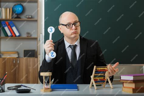 free photo man teacher wearing glasses sitting at school desk with class register in front of