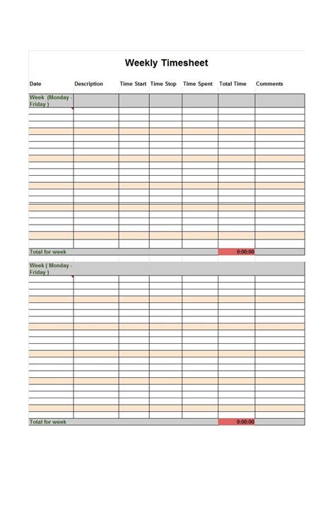 Weekly time sheet printable