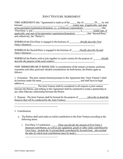 Joint Venture Contract Template Free Free Printable Templates