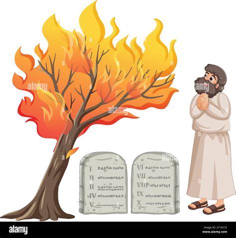 A Vibrant Vector Cartoon Illustration Depicting Moses And The Burning Bush From The Biblical