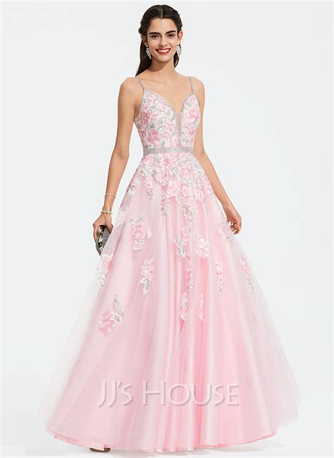 Ball Gownprincess V Neck Floor Length Tulle Prom Dresses With Beading