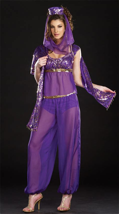 Purple Genie Costume Ladies Belly Dancer Costume Aladdin Jasmine Princess Fancy Dress Up Outfit