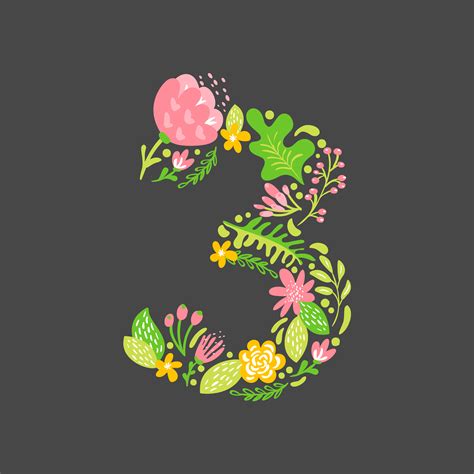 Floral summer Number 3 three. Flower Capital wedding Alphabet. Colorful ...
