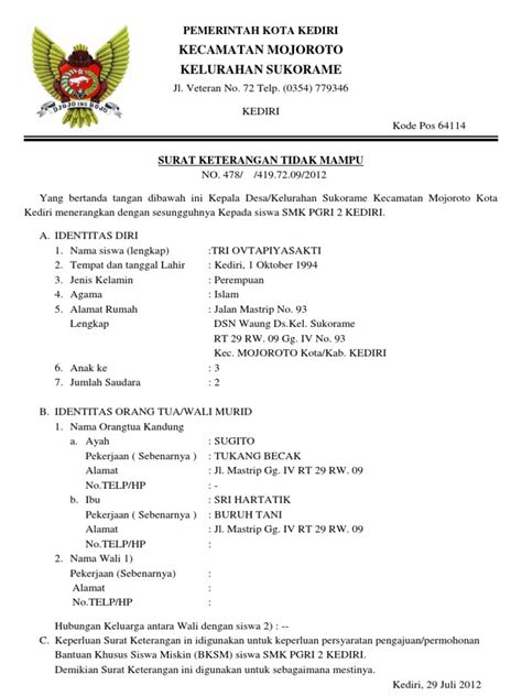 Surat ketarangan tidak pernah di pidana yang dikeluarkan oleh pengadilan negeri dan diajukan oleh pemohon yang ber ktp, atau berdomosili di wilayah hukum pengadilan negeri setempat. Surat Keterangan Tidak Mampu