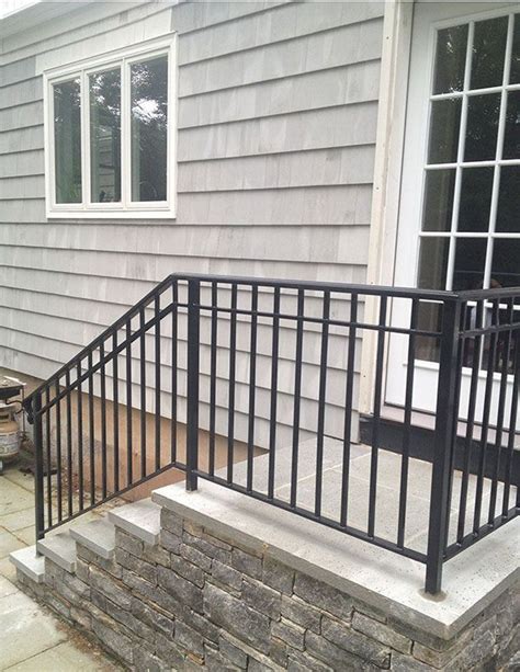 Modern minimalist 2x1 custom wrought iron hand rail, stair step railing, made to order, made in the usa. Outdoor Stair Railing Ideas | Railings outdoor, Outdoor stair railing, Iron railings outdoor
