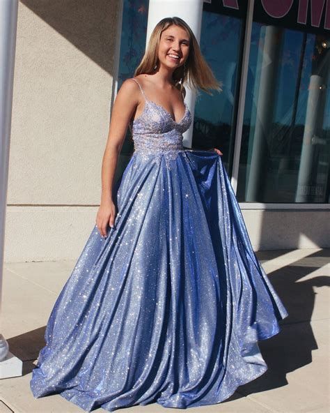 Blue Tulle Appliques A Line Long Sparkle Prom Dress With Pockets Jks86