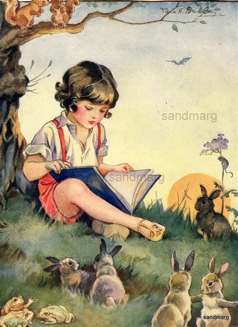 Vintage Storybook Illustration Nina K Brisley Boy Reading A Etsy
