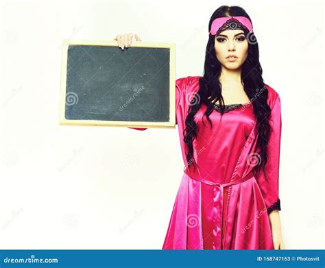 Girl In Silk Robe Holding Black Board Stock Image Image Of Cute