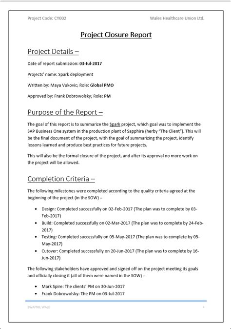 Project Closure Report Word Template Techno Pm Project Management