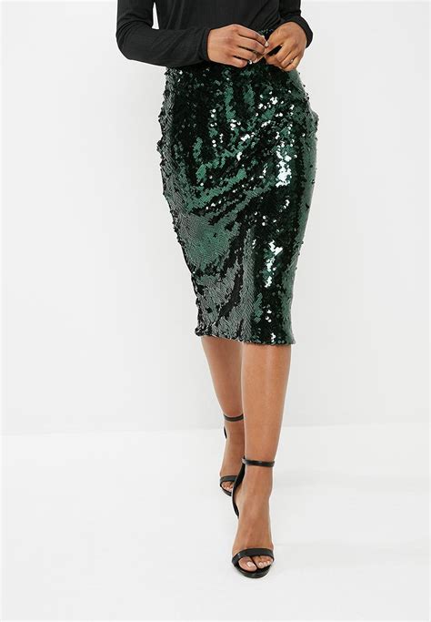 High Waisted Sequin Midi Pencil Skirt Forest Green Dailyfriday Skirts