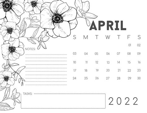 2022 Flower Themed Calendar Simple Minimalistic Black And Etsy