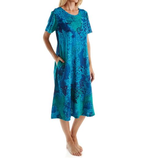 Womens La Cera 2523 100 Cotton Knit Short Sleeve Lounge Dress Blue S