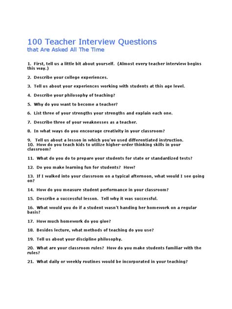100 Teacher Interview Questions Homework Teachers