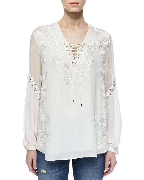Haute Hippie Floral Embroidered Silk Peasant Blouse In Floral Lyst