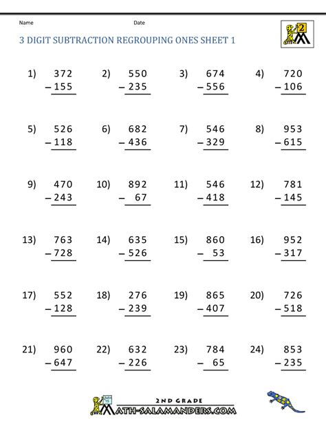 Each game requires players to subtract 2 digit numb Three Digit Subtraction with Regrouping Worksheets