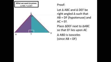 The hypotenuse leg (hl) theorem states that; Hypotenuse - Leg Theorem - YouTube