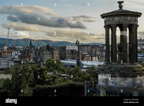 Panoramic View Of Edinburgh With Dugald Stewart Monument On Calton Hill