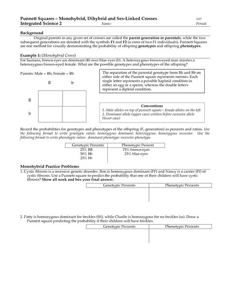 Dihybrid punnett square practice problemsproblem a:suppose that black hair (b) is dominant over blonde hair (b) and brown eyes (e) are dominant problem b:using the same traits as above, cross a completely recessive person with a blonde hair and homozygous brown eyed person. Dihybrid Cross Practice Worksheet Answer Key / workshops ...