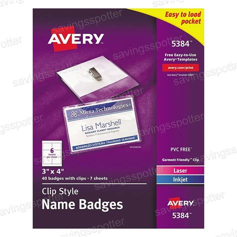 2 Packs Avery 5384 Clip Name Badges Inserts Soft Plastic 3x4 Laser