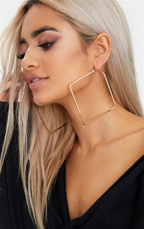 Gold Large Square Hoop Earrings Accessories Prettylittlething Aus