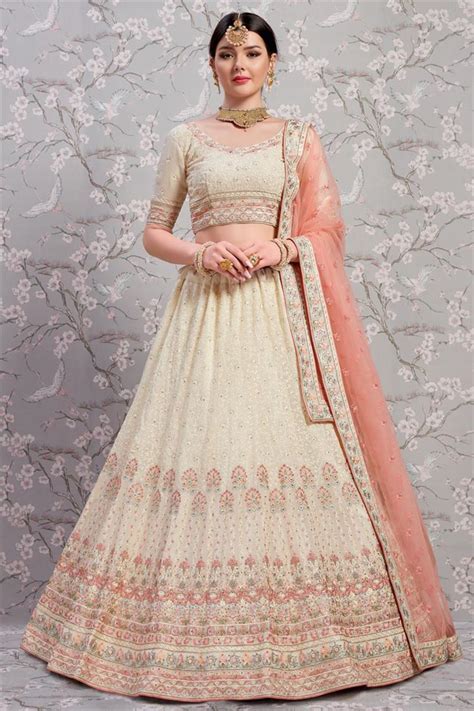 Off White Georgette Embroidered Lehenga Choli Lehengas Ready To Ship Designer Collection