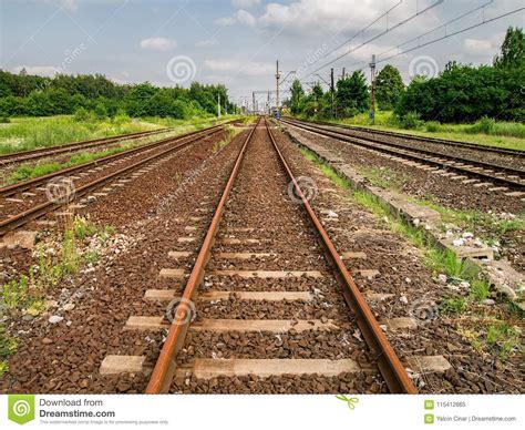 The Railway Going Into The Distance Iron Empty Long Rails Stock Image