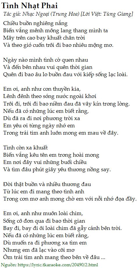 Lời Bài Hát Tình Nhạt Phai Nhạc Ngoại Trung Hoa Lời Việt Tùng