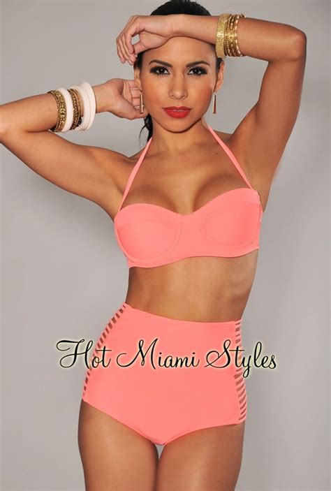 Neon Coral High Waist Strappy Bikini Cute Bathing Suits Hot Miami